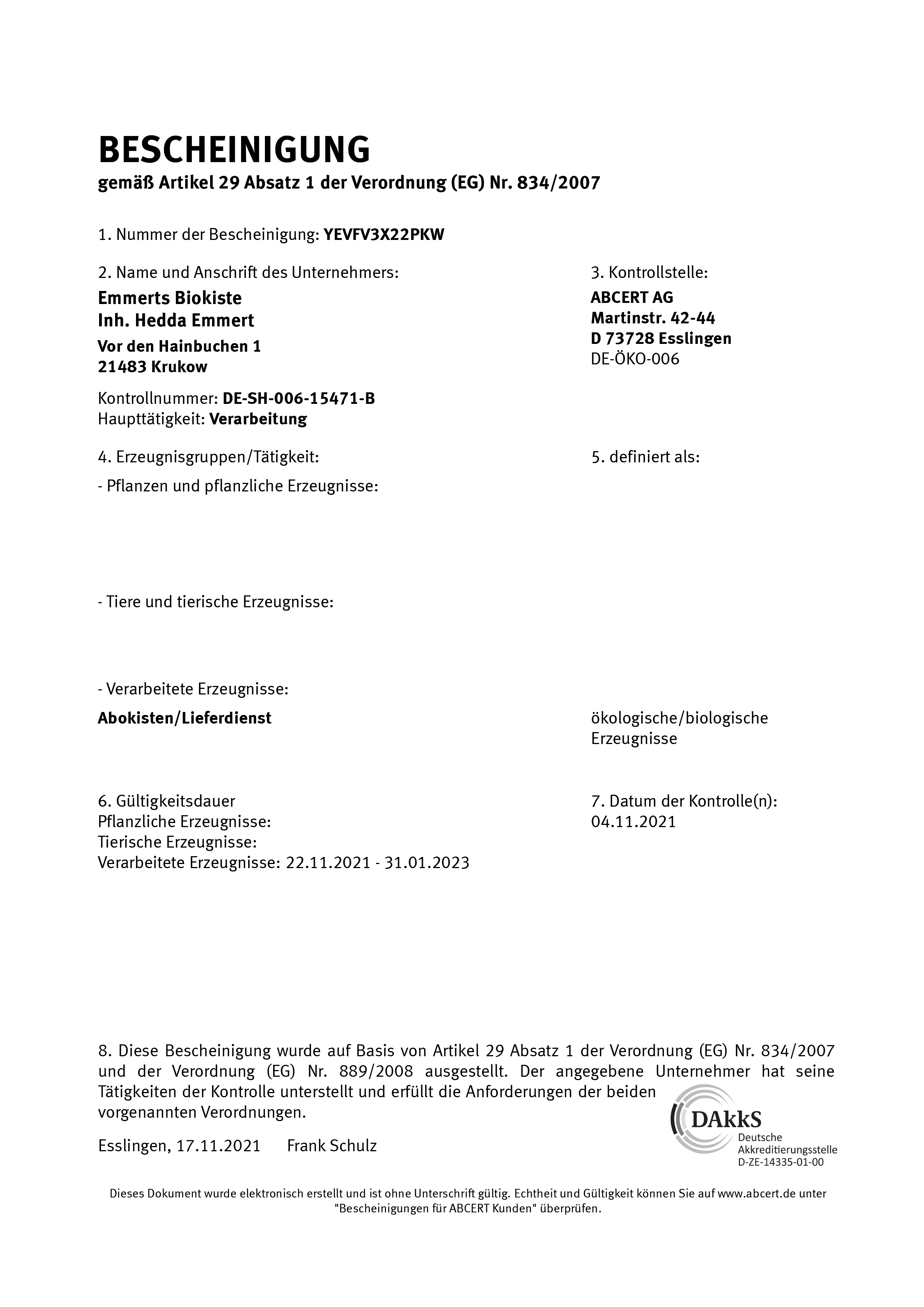 EG-Bio Zertifikat Emmerts-Biokiste 2021