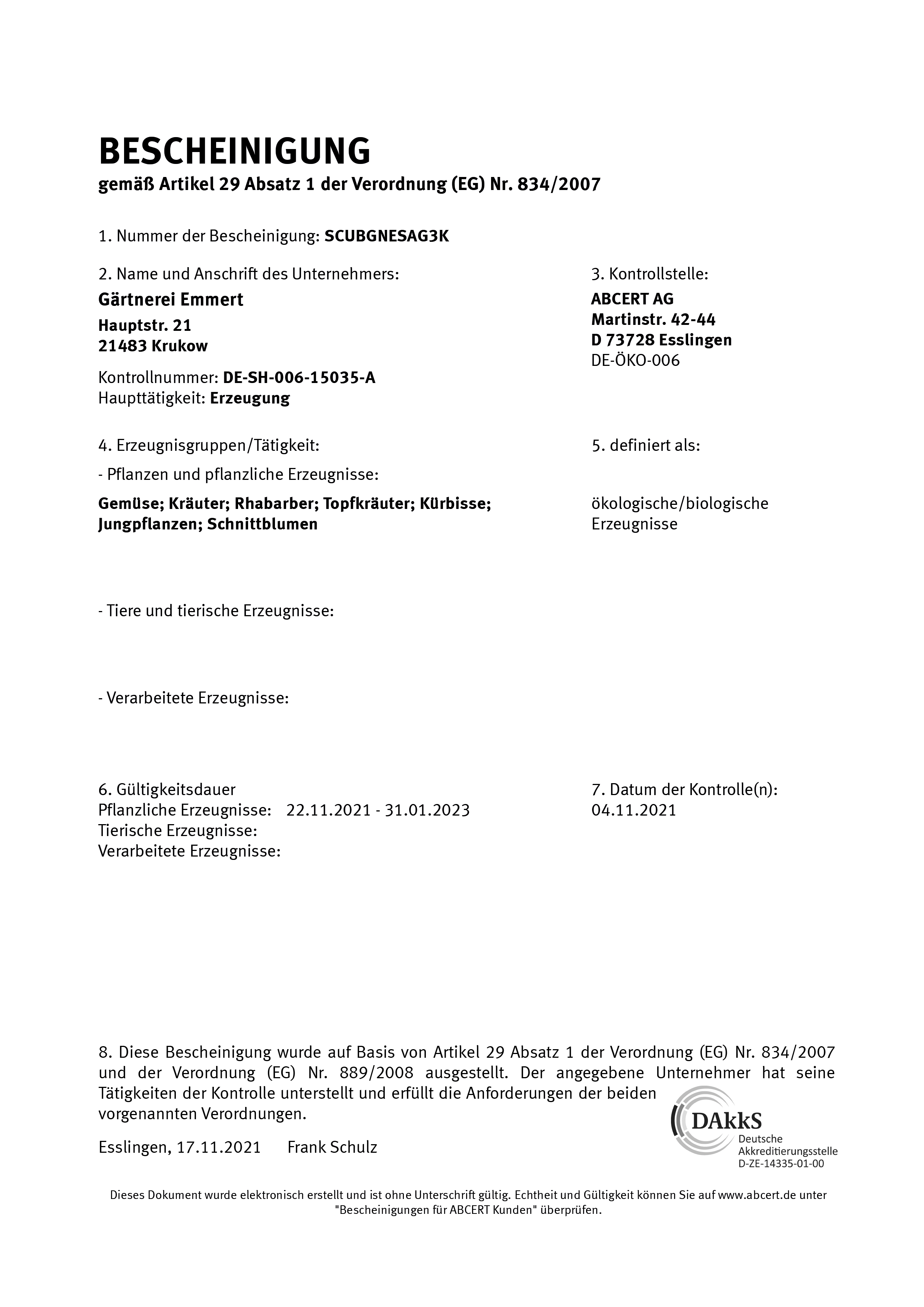 EG-Bio Zertifikat Gärtnerei 2021