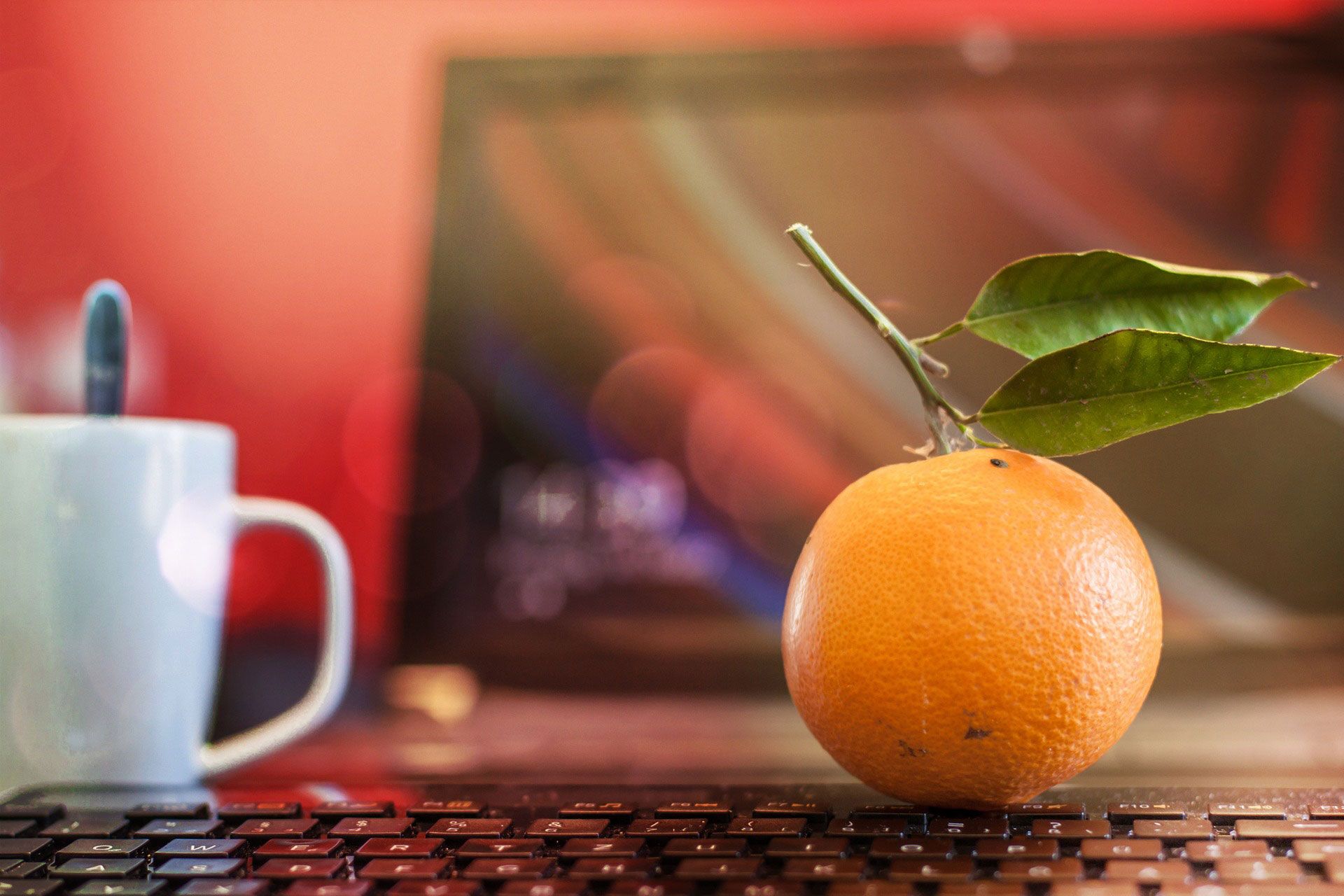 Eine Clementine mit Blatt und eine Tasse Kaffe hinter einer Tastatur